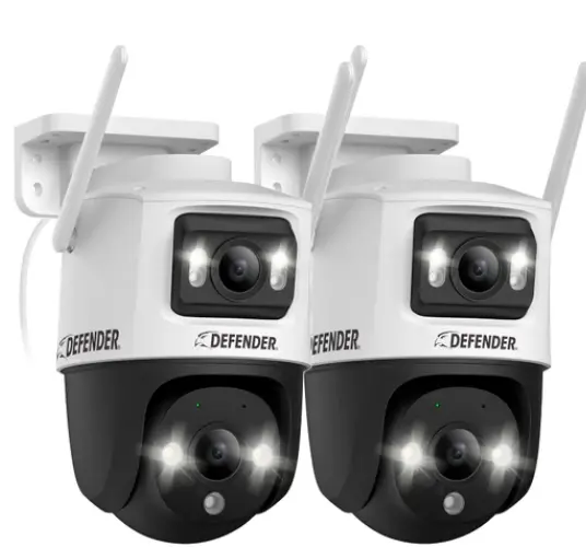 Defender AI POWERED Guard Pro 3K PLUS Dual Lens PTZ Wi-Fi Plug-in Security Cameras, 2 Pack