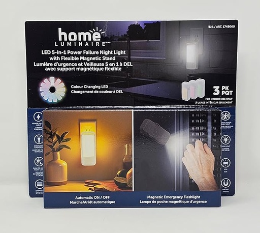 [home-luminire-3pk-pf-1664658] Luminaire LED 5-in-1 Power Failure 3 Pack Night Light With Flexible Magentic Stand 1664658